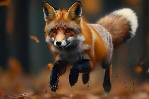 Red fox running in autumn forest wildlife in action photo