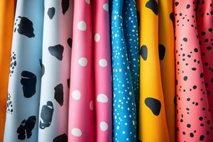 Colorful fabrics hanging and showing different patterns photo