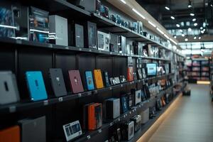 Modern electronics store showing various devices and accessories on shelves photo