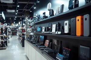Modern electronics store showing various devices. photo