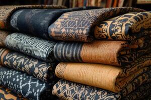 Stack of folded textiles showing different patterns and colors photo