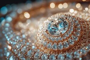 Large diamond ring sparkling on gold chains with bokeh effect photo