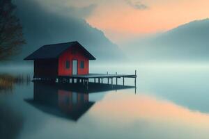 Red wooden cabin floating on a misty lake at sunrise photo