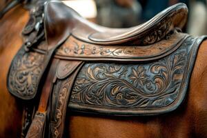 Elegant embroidered leather saddle resting on horseback, ready for riding photo
