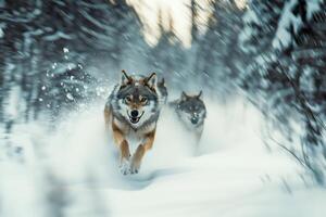 Two wolves running in snowy forest with motion blur effect photo