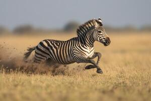 Zebra running fast and kicking up dust in the savanna photo