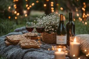 Romantic picnic setup with wine, food, and candles under string lights photo