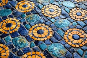 Colorful mosaic floor with circular patterns creating a vibrant design photo