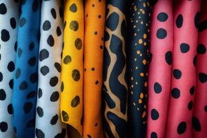 Colorful fabrics hanging showing different patterns, creating a fashionable display photo