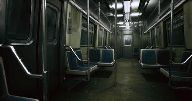 Empty subway car interior viewed during late night hours in urban setting video