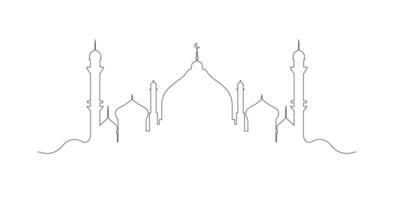 Elegant one line drawing of a mosque with domes and minarets, featuring crescent moons and a star. Simple and modern Islamic architecture outline, perfect for Eid, Ramadan, and religious designs. vector