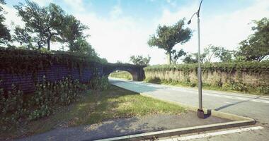 Scenic road under a lush green bridge with a bright sky and soft clouds video