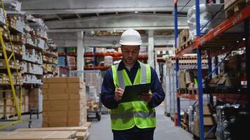 Logistics manager working in a large distribution warehouse video