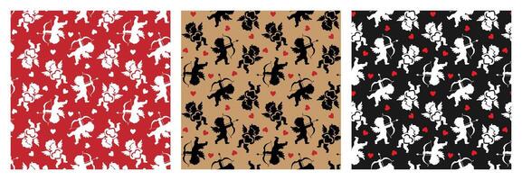 pattern with small hearts and cherubs cupids shooting from a bow and holding hearts. Beige, red and black colors. Beautiful and modern background for valentine's day vector