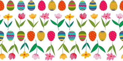 Seamless pattern with colorful Easter Easter eggs and flowers - tulips and daffodils arranged in a row. Saturated colors on a white background vector
