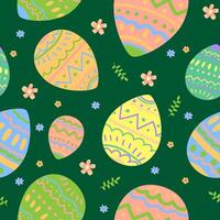 Seamless Easter pattern with Easter eggs flowers and sprigs of leaves green background vector