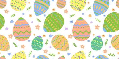 Seamless Easter pattern with Easter eggs flowers and sprigs of leaves white background vector