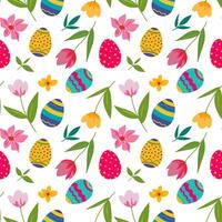 Cute seamless pattern with bright easter eggs and flowers - tulips and daffodils on a white background vector