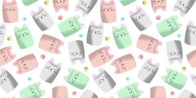 Very cute pattern with pink blue white marshmallows that look like cats, 3d image, background vector