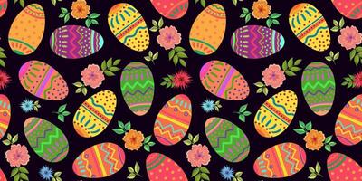 Easter seamless pattern colorful Easter eggs flowers and leaves black background vector