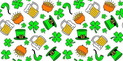 modern seamless bright color pattern st. patrick's day green clover shamrock hat beer pot with gold doodle style vector