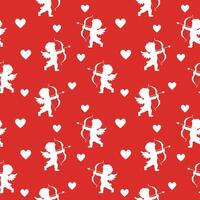 Valentine's Day love seamless pattern with white cupids with a bow and arrow and hearts red background vector