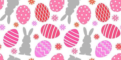 Seamless minimalist pattern with silhouettes of rabbits, Easter eggs and flowers in pink and grey pastel colors on a white background vector