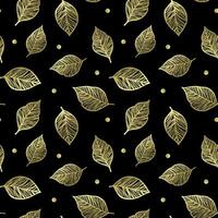 Golden leaves with polka dots on a black background. Trendy and modern seamless background vector