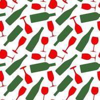 Wine seamless pattern with green bottles and red glasses on a white background vector