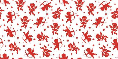 Background for st. valentine's day. seamless pattern with stars and red cherubs cupids shooting from a bow on a white background vector