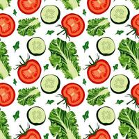 Seamless pattern of healthy food. Tomatoes, lettuce, cucumbers on white background vector