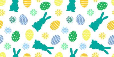 Seamless pattern outlines of emerald rabbits Easter eggs and flowers vector