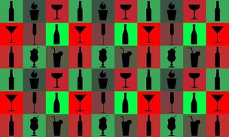 seamless pattern red and green of silhouette cocktail bar. Squares vector