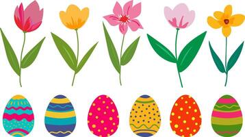 Easter objects eggs and spring flowers tulips and daffodils vector