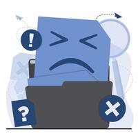 no data concept Sad face with folder and information symbols. illustration in flat style vector