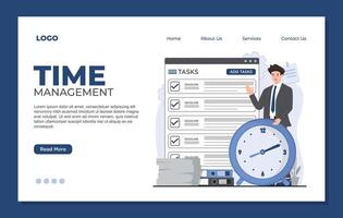 Time management website flat landing page template. Time management web page design vector