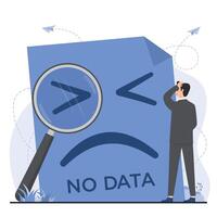 No Data concept. Businessman looking through a magnifying glass at a sad emoji. vector