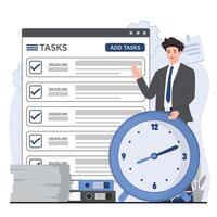 Time management. Businessman with clock and documents. illustration in flat style vector