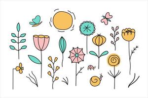 Set with different Spring or Summer abstract Flowers. Hand drawn background with blooming plants, sun, ladybug, butterfly for web, print, paper, card, sign. Design card for seasons and holidays vector