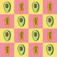 Avocado and papaya in a healthy fruit concept pattern on checkered background, hand drawn doodle . vector