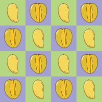 Mango and starfruit in a healthy fruit concept pattern on checkered background, hand drawn doodle . vector