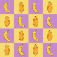Banana and papaya in a healthy fruit concept pattern on checkered background, hand drawn doodle . vector