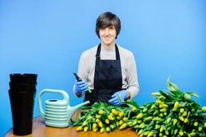 Pensioner lady florist wearing apron, working in flower shop studio and and making bouquet of tulips. photo
