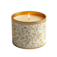 Elegant candle with floral design and warm glow isolated on transparent background png