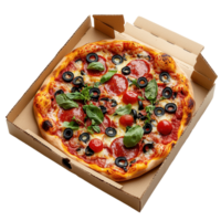 Delicious pizza with toppings in cardboard box isolated on transparent background png