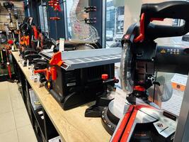 Kyiv, Ukraine - February 04, 2025 Display of woodworking tools and equipment in a professional store setting photo
