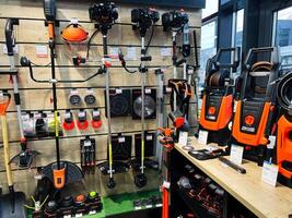 Kyiv, Ukraine - February 04, 2025 Wide selection of gardening tools and equipment on a store display shelf photo