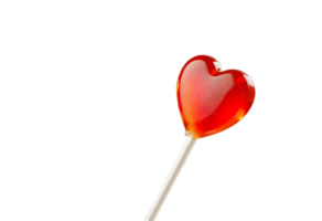 lollipop in shape of heart on stick over transparent background. Cute red candy dessert in 3d. Mockup illustration png