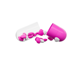 Open pink and white capsule with heart-shaped pills spilling out. 3D Illustration. png
