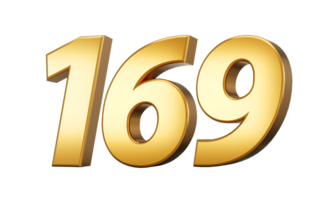3d number 169 one hundred sixty nine Gold text with reflection 3d illustration png